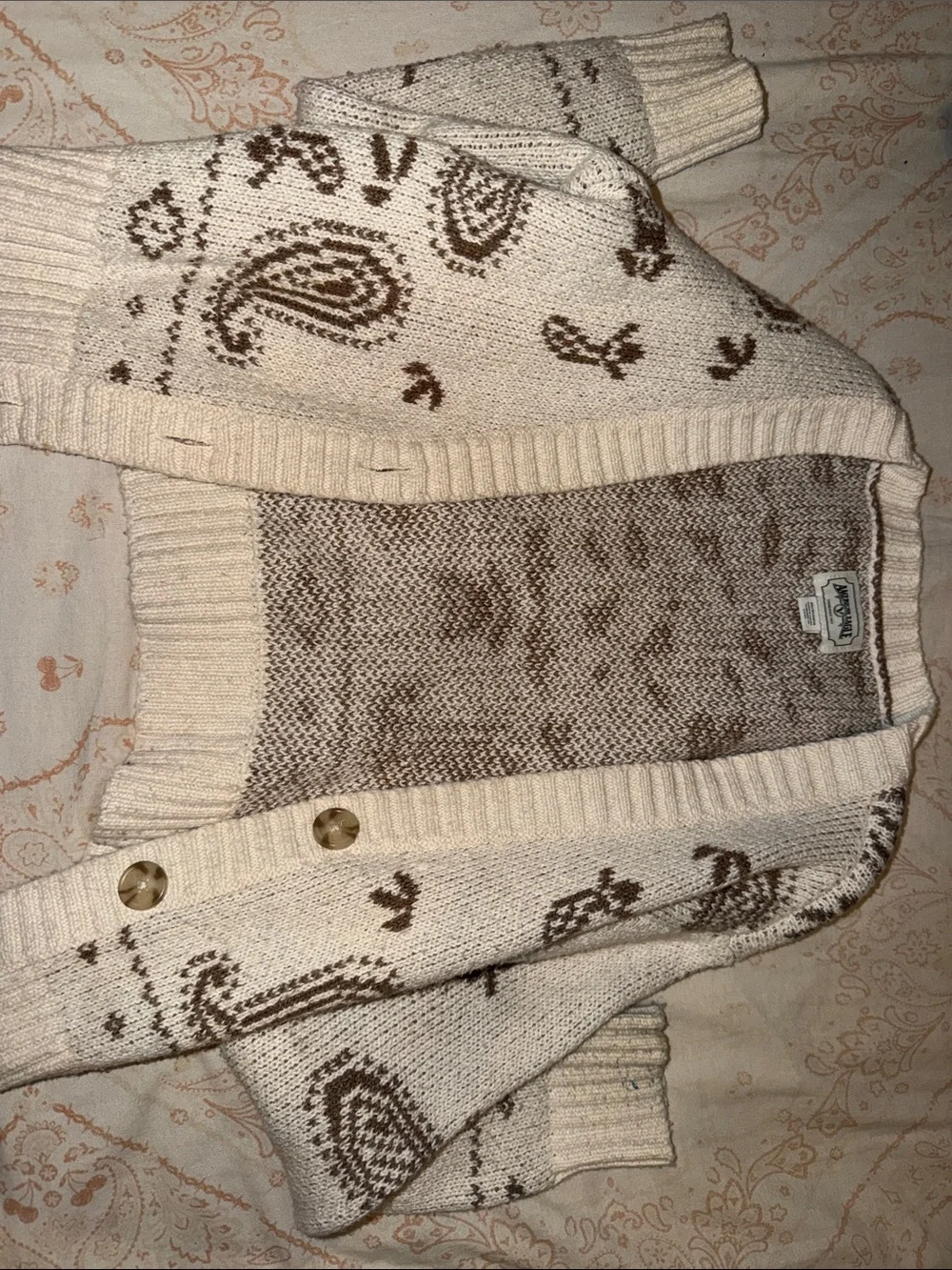 American Eagle Outfitters Cream and Brown Paisley Knit Cardigan - Picture 1 of 2